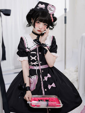 Sweet Lolita Dress Polyester Short Sleeves Lace Bows Ruffles Black Sweet Lolita Jumper Skirt