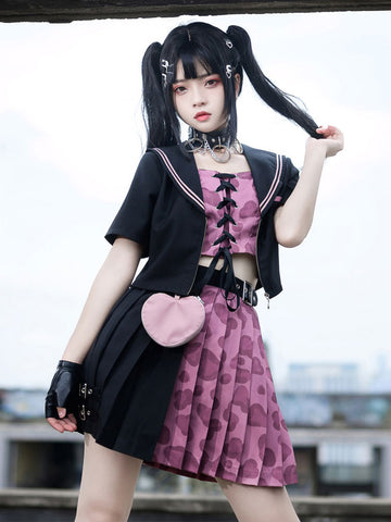 Sweet Lolita Dress Polyester Short Sleeves Lace Up Sweet Lolita Skirt Overcoat Top 3-Piece Set