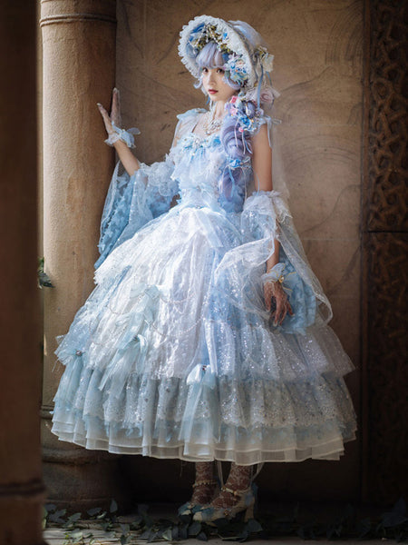 Sweet Lolita Dress Polyester Sleeveless Tiered Lace Ruffles Bows Sky Blue Rococo Lolita Jumper Dress