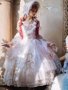 Sweet Lolita Dress Polyester Sleeveless Tiered Lace Ruffles Bows Sky Blue Rococo Lolita Jumper Dress