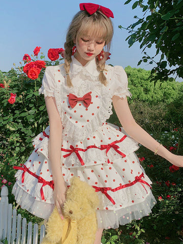 Sweet Lolita Dress Red Polyester Ruffles Bows Sleeveless Sweet Lolita Jumper Skirt