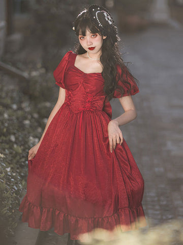 Sweet Lolita Dress Satin Fabric Short Sleeves Ruffles Black Classical Lolita One Piece Dress