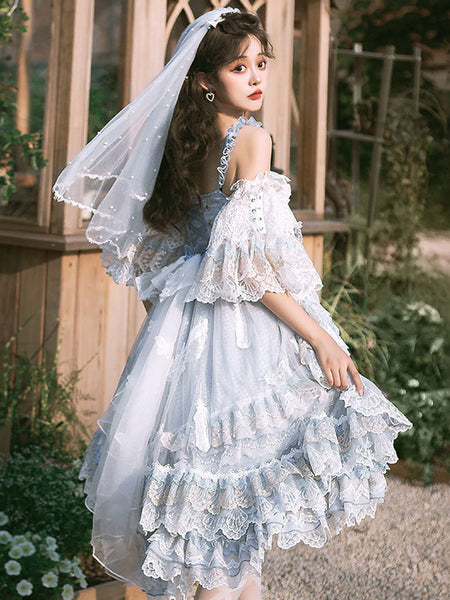 Sweet Lolita Dress Sleeveless Butterfly Pearls Bows Lace Sky Blue Lolita Wedding Dress