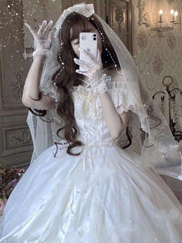 Sweet Lolita Dress White Polyester Short Sleeves Lace Up Ruffles Lace Bows Tea Party Lolita Dress