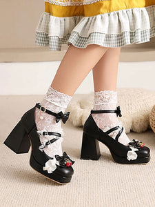 Sweet Lolita Footwear Black Bows PU Leather Chunky Heel Lolita Pumps