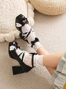 Sweet Lolita Footwear Black Bows PU Leather Chunky Heel Lolita Pumps