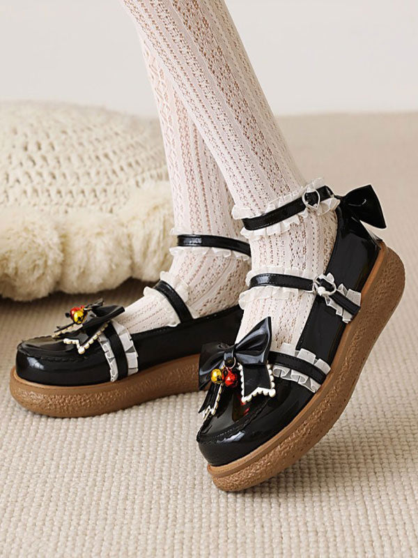 Sweet Lolita Footwear Black PU Leather Round Toe Bowknot Daily Casual Lolita Shoes