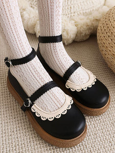 Sweet Lolita Footwear Black PU Leather Round Toe Lace Up Lolita Shoes