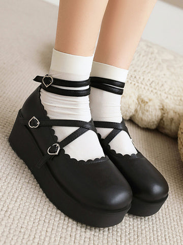 Sweet Lolita Footwear Black PU Leather Wedge Heel Lace Up Lolita Pumps