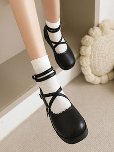 Sweet Lolita Footwear Black PU Leather Wedge Heel Lace Up Lolita Pumps