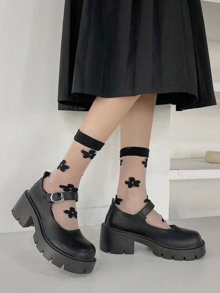 Sweet Lolita Footwear Black Round Toe Chunky Heel PU Leather Lolita Pumps