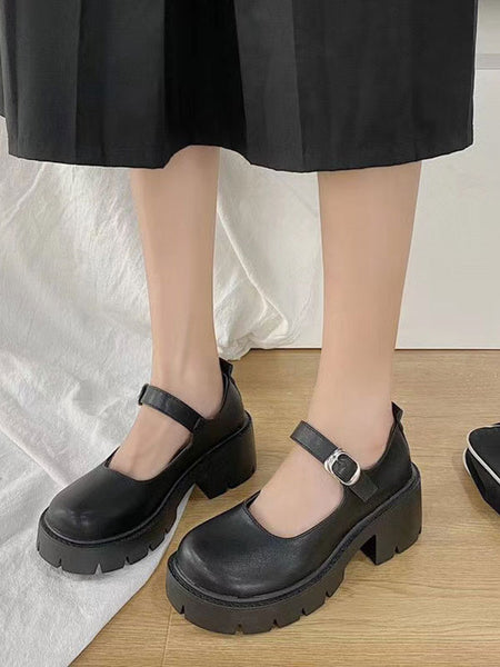 Sweet Lolita Footwear Black Round Toe Chunky Heel PU Leather Lolita Pumps