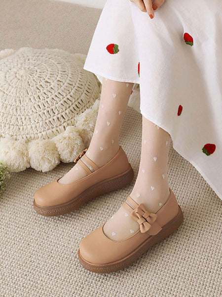 Sweet Lolita Footwear Ecru White Bows Round Toe Lace Up PU Leather Lolita Shoes