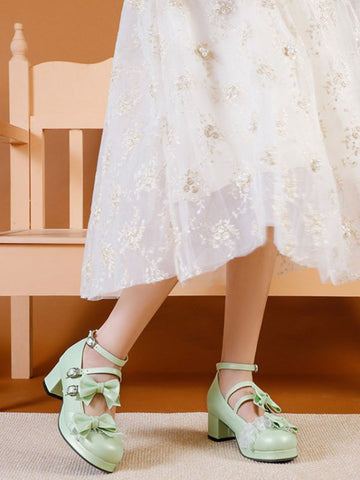 Sweet Lolita Footwear Light Green Bows Round Toe PU Leather Lolita Pumps