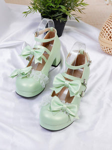 Sweet Lolita Footwear Light Green Bows Round Toe PU Leather Lolita Pumps