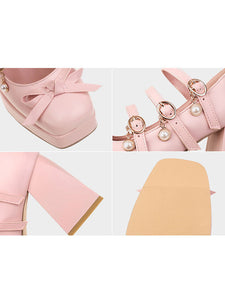 Sweet Lolita Footwear Pink Bow Bows Square Toe PU Leather Lolita Shoes