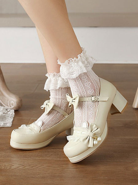 Sweet Lolita Footwear Pink Bowkont Round Toe PU Leather Lolita Pumps