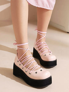 Sweet Lolita Footwear Pink Lace Up Round Toe PU Leather Lolita Shoes