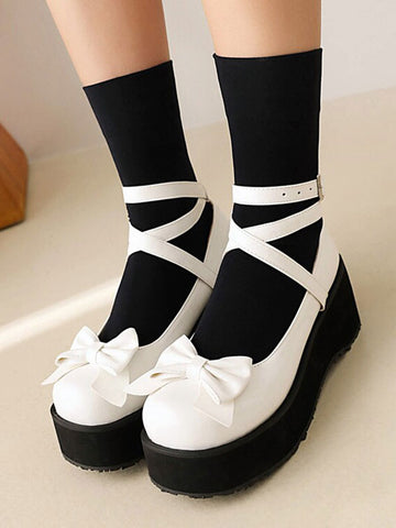 Sweet Lolita Footwear White Bows Bow PU Leather Wedge Heel Lolita Pumps