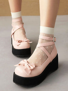 Sweet Lolita Footwear White Bows Bow PU Leather Wedge Heel Lolita Pumps