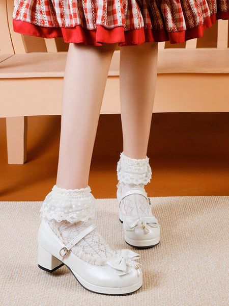 Sweet Lolita Footwear White Bows PU Leather Chunky Heel Lolita Pumps