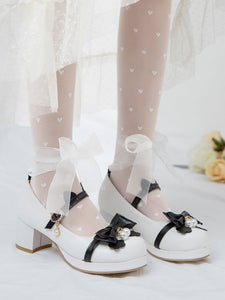 Sweet Lolita Footwear White PU Leather Round Toe Black Bowknot Lolita Shoes