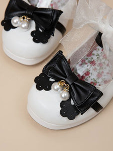 Sweet Lolita Footwear White PU Leather Round Toe Black Bowknot Lolita Shoes