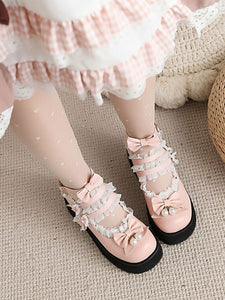 Sweet Lolita Footwear White Pearls Bows PU Leather Wedge Heel Lolita Pumps