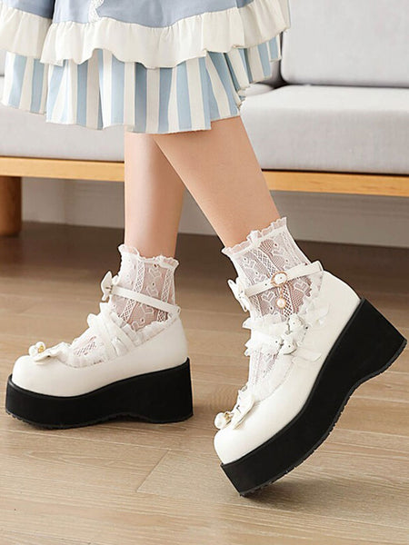 Sweet Lolita Footwear White Pearls Bows PU Leather Wedge Heel Lolita Pumps