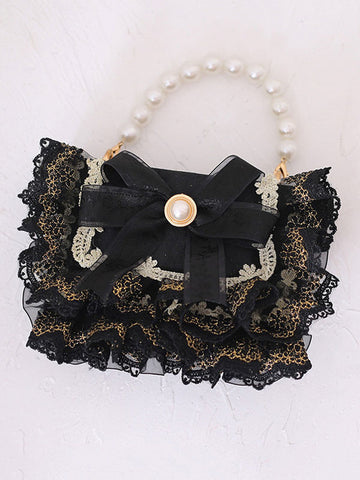 Sweet Lolita Handbag Black PU Leather Pearls Bows Lace Embellishment Lace PU Leather Cross-body Bag Lolita Accessories