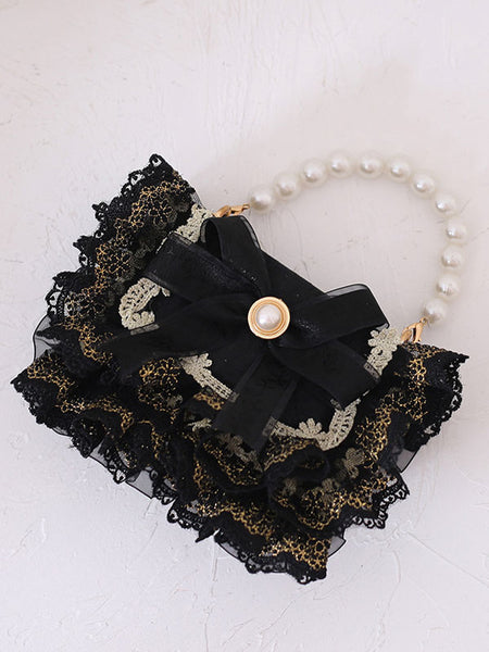 Sweet Lolita Handbag Black PU Leather Pearls Bows Lace Embellishment Lace PU Leather Cross-body Bag Lolita Accessories