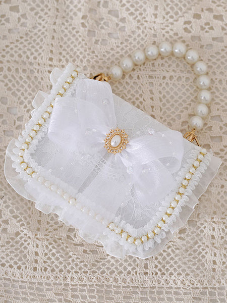 Sweet Lolita Handbag Bow White Pearls Bows Lace Cross-body Bag PU Leather Lolita Accessories