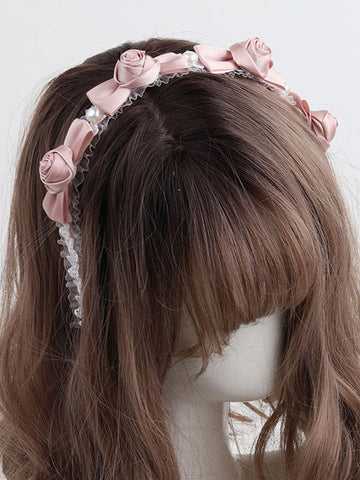 Sweet Lolita Headdress Pink Polyester Fiber Rose Pearls Lace Rose Pattern Lace Headwear Lolita Hair Accessories