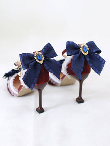 Sweet Lolita Heels Deep Blue Bow Lace Rhinestones Pointed Toe Nubuck Lolita Ankle Strap Heels