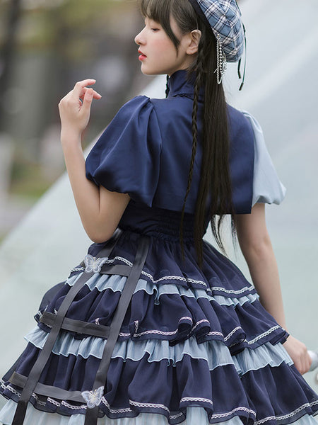 Sweet Lolita JSK Dress 2-Piece Set Blue Navy Two Tone Pattern Ruffles Jumper Skirt Overcoat Idol Lolita Dress