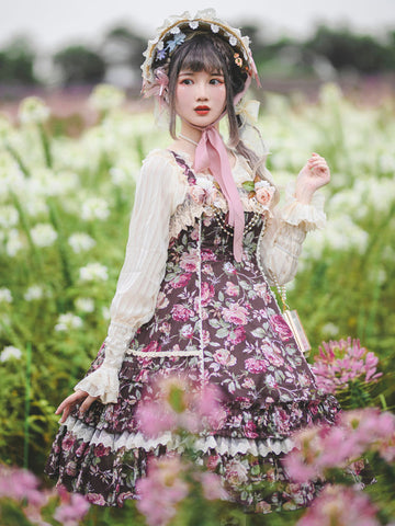 Sweet Lolita JSK Dress 2-Piece Set Cotton Sleeveless Ruffles Jumper Skirt Hat Lolita Outfit