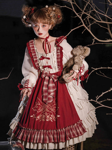 Sweet Lolita JSK Dress 2 pieces set Polyester Sleeveless Bows Ruffles Burgundy Lolita Jumper Skirt and Lolita Top