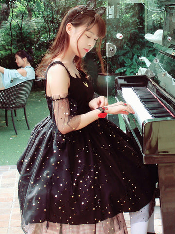 Sweet Lolita JSK Dress Black Polyester Sleeveless Ruffle Daily Casual Lolita Jumper Skirts