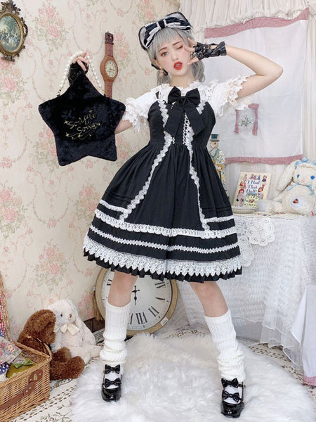 Sweet Lolita JSK Dress Black Sleeveless Ruffles Two-Tone Polyester Fiber Lolita Jumper Skirts