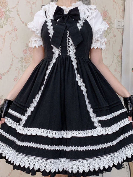 Sweet Lolita JSK Dress Black Sleeveless Ruffles Two-Tone Polyester Fiber Lolita Jumper Skirts