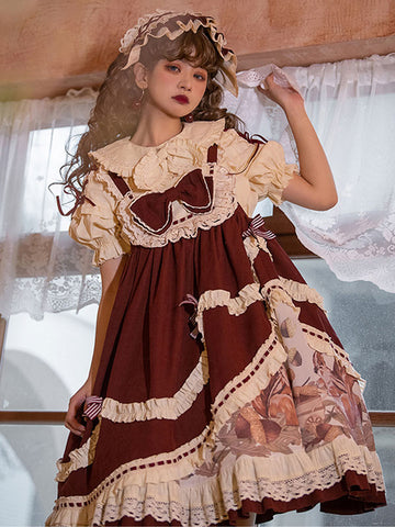 Sweet Lolita JSK Dress Burgundy Polyester Bowknots Ruffles Sleeveless Lolita Jumper Skirt