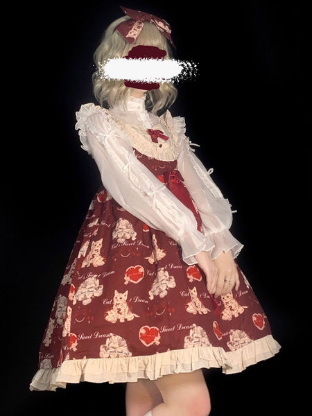 Sweet Lolita JSK Dress Burgundy Sleeveless Cat Pattern Ruffles Polyester Daily Casual Lolita Jumper Skirts