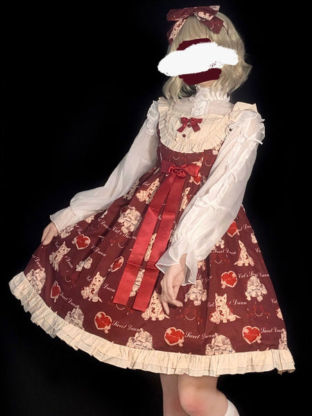 Sweet Lolita JSK Dress Burgundy Sleeveless Cat Pattern Ruffles Polyester Daily Casual Lolita Jumper Skirts