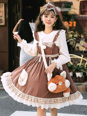 Sweet Lolita JSK Dress Coffee Brown Polyester Lace Up Ruffles Pleated Sleeveless Sweet Lolita Jumper Skirt