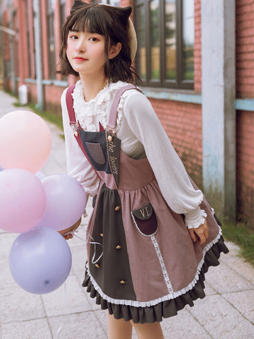 Sweet Lolita JSK Dress Cotton Sleeveless Color Block Lace Ruffles Pink Lolita Jumper Skirt