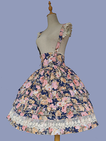 Sweet Lolita JSK Dress Cotton Sleeveless Lace Floral Print Pattern Sweet Lolita Jumper Skirt