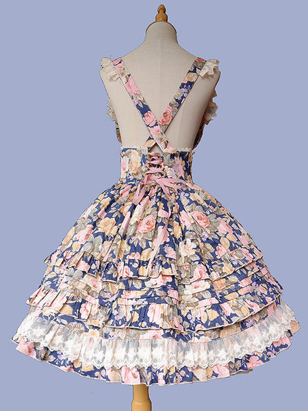 Sweet Lolita JSK Dress Cotton Sleeveless Lace Floral Print Pattern Sweet Lolita Jumper Skirt