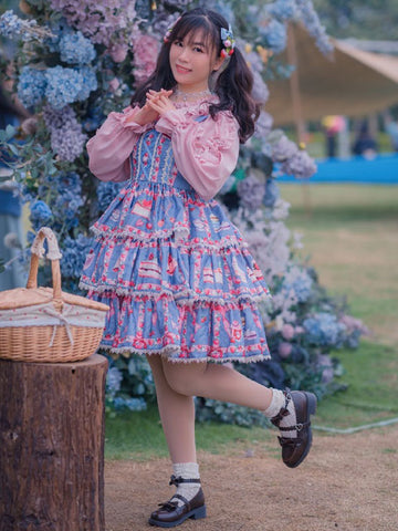 Sweet Lolita JSK Dress Cotton Sleeveless Ruffles Strawberry Print Pattern Lolita Jumper Skirt