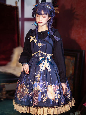 Sweet Lolita JSK Dress Dark Navy Lace Up Sleeveless Lace Lolita Jumper Skirts