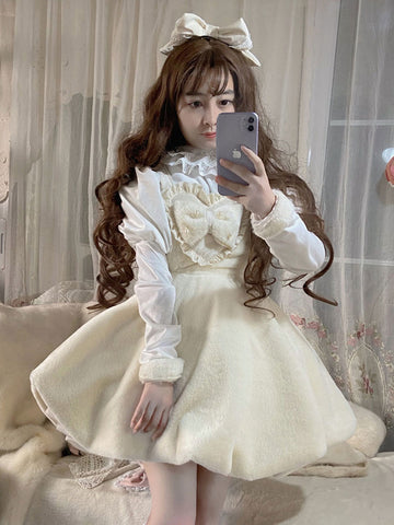 Sweet Lolita JSK Dress Eric White Polyester Sleeveless Bows Ruffles Lolita Jumper Skirt